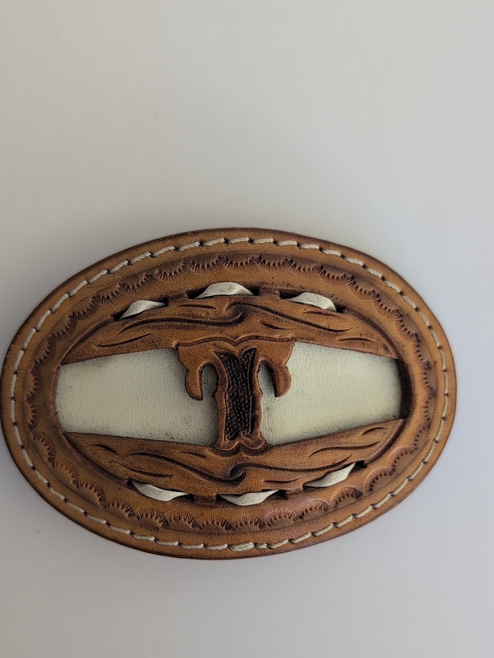 Western Two Tone Leather "T" Initial Oval Belt Buckle
